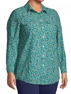 Lands End Commuter Boyfriend Button Up Top Roll Tab Sleeve Moisture Wicking